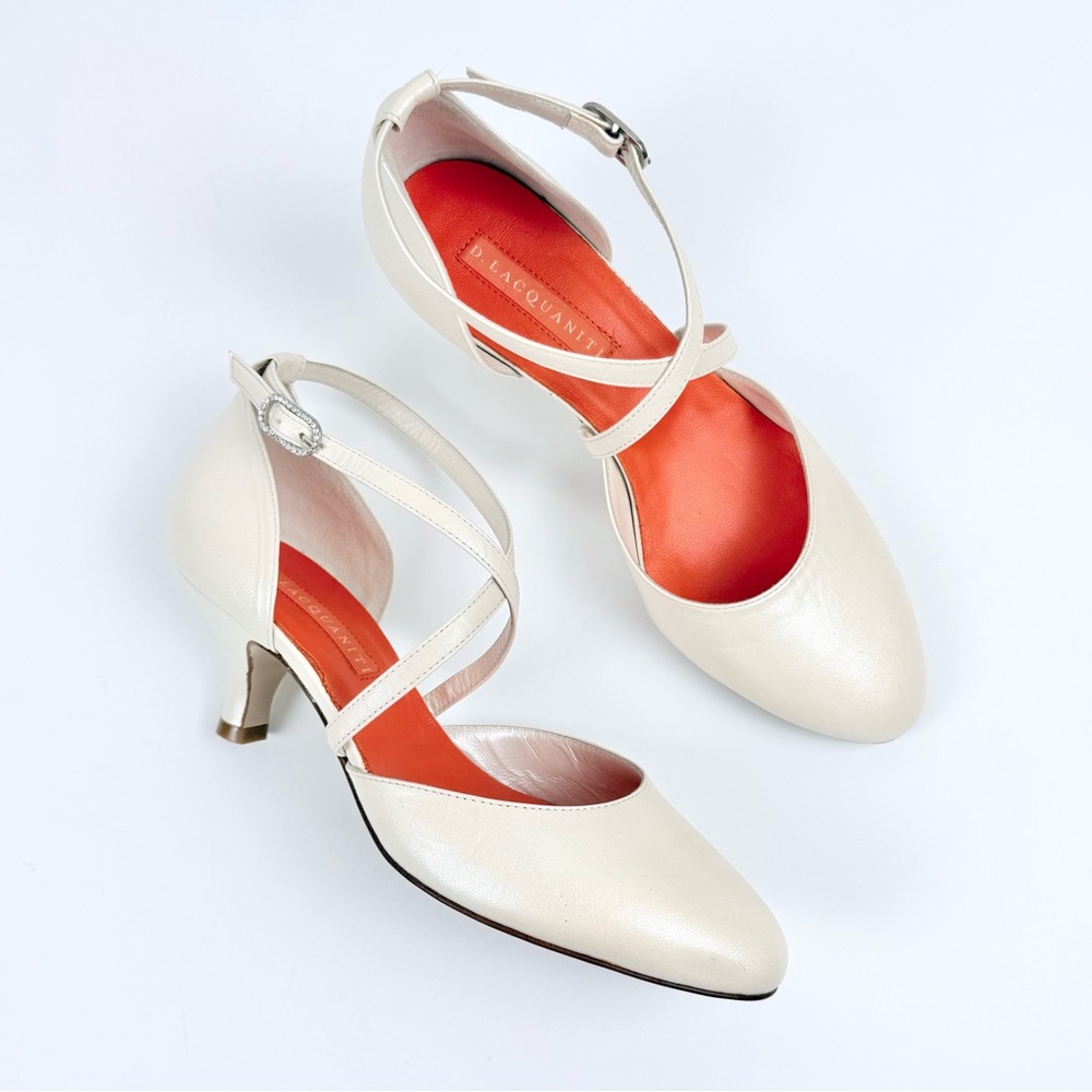 D. Lacquaniti Pearlized Ivory Leather D’Orsay Rhinestone Strap Kitten Heels 37 7